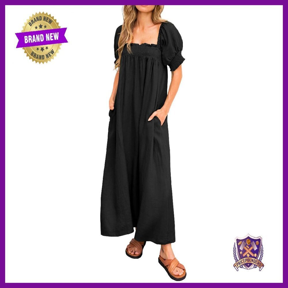 Summer Maxi Dress Loose Fit Puff Sleeve Square Neck Maternity Flowy